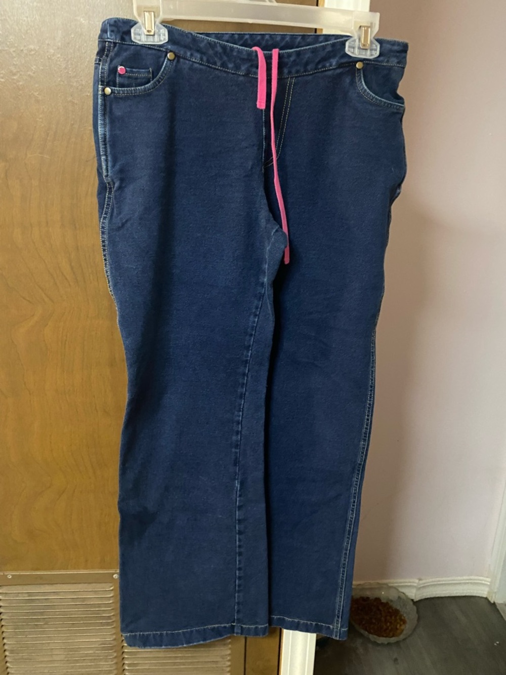 Women's Straight-Leg Dark Blue Jeans with Pink Drawstring